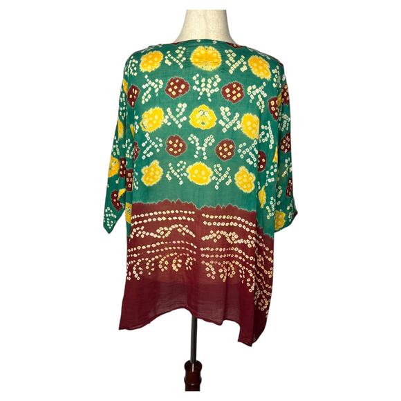 Madame Hall Women's Top OS Green Floral Artisan Indian Block Print Tunic Cotton - Picture 2 of 10